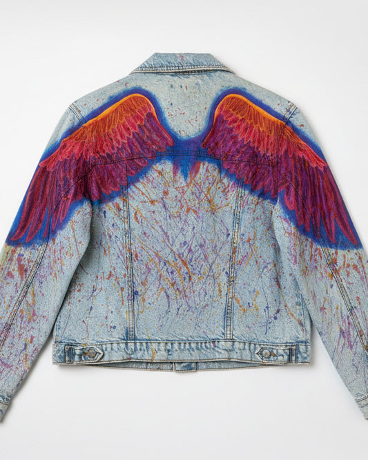 Back of a hand-painted UK size 12 denim jacket featuring large bird wings in orange, pink, and purple painted across the shoulders and down the arms, with coordinating paint splashes extending under the wings and along the arms. Unique upcycled wearable art, one-of-a-kind design.