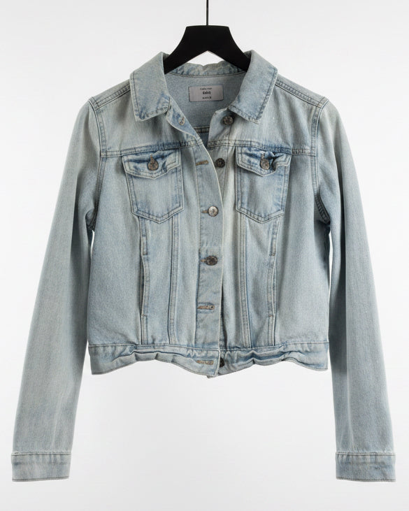 Light blue denim jacket on a white background