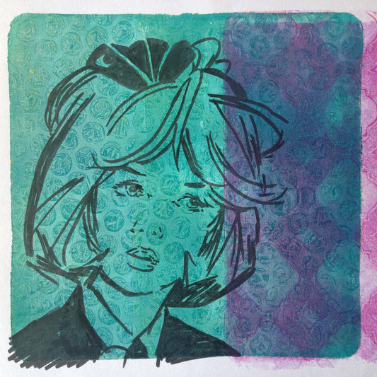 Turquoise and purple monoprint of a vintage inspired female character