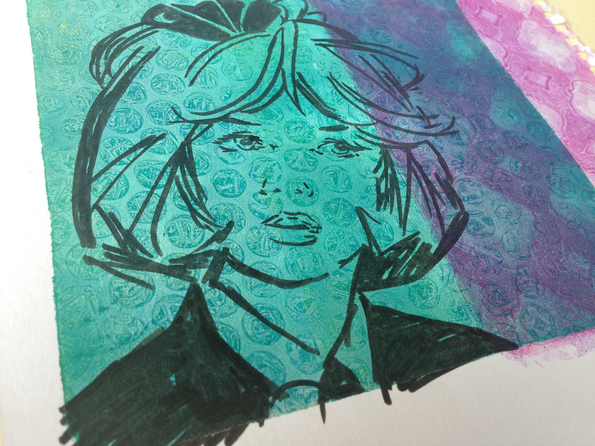 Turquoise and purple monoprint of a vintage inspired female character