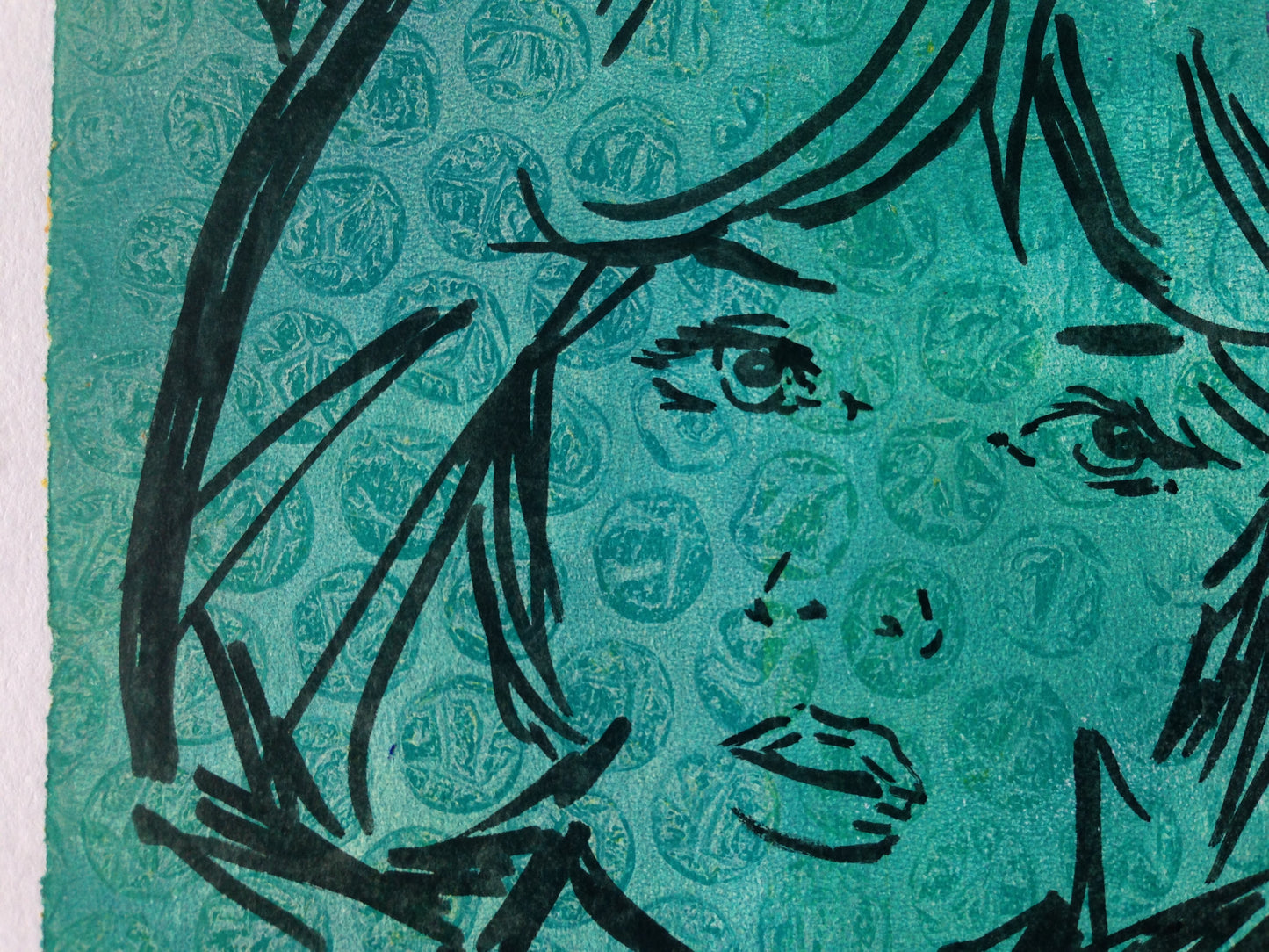 Turquoise and purple monoprint of a vintage inspired female character