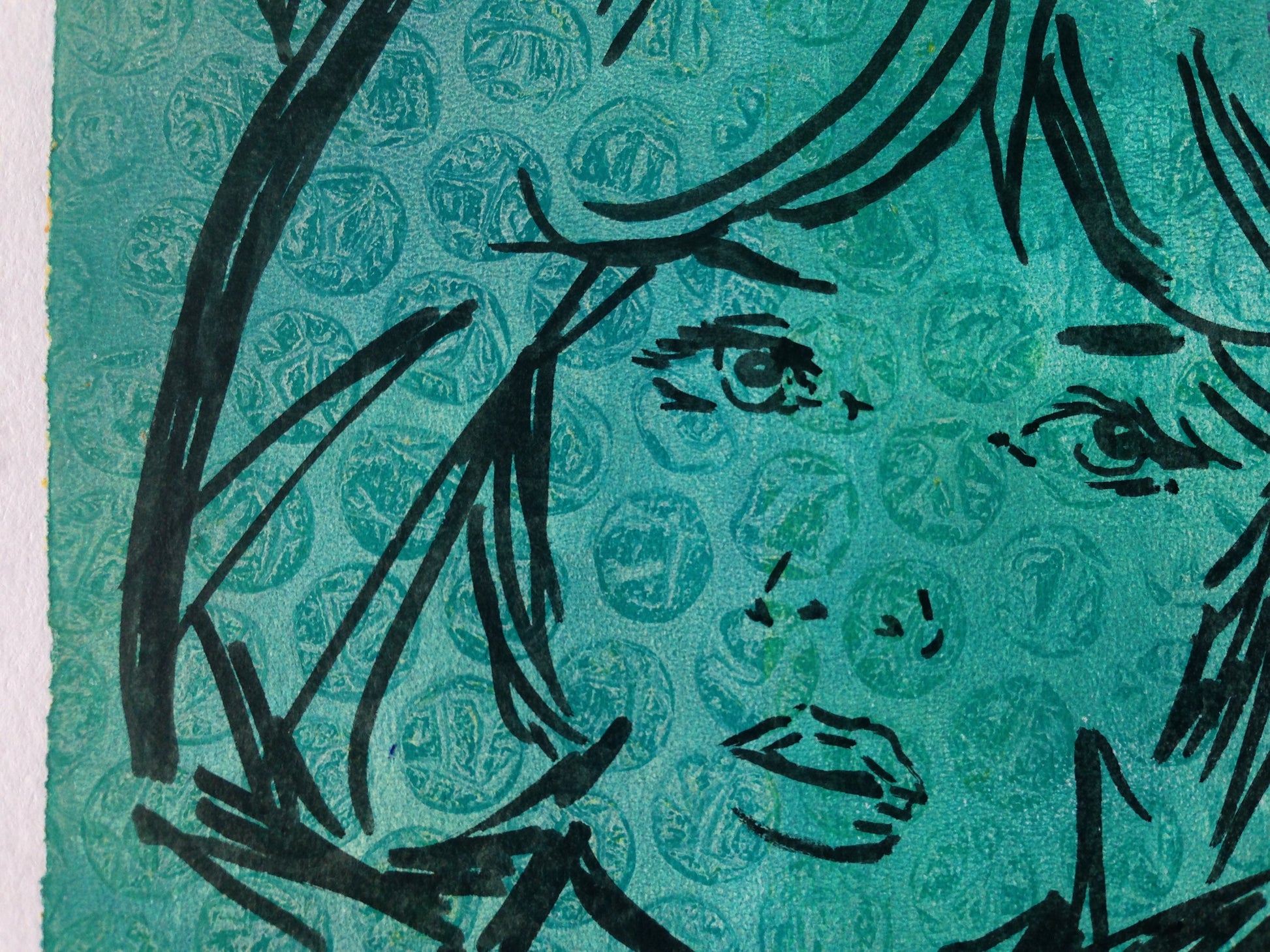 Turquoise and purple monoprint of a vintage inspired female character
