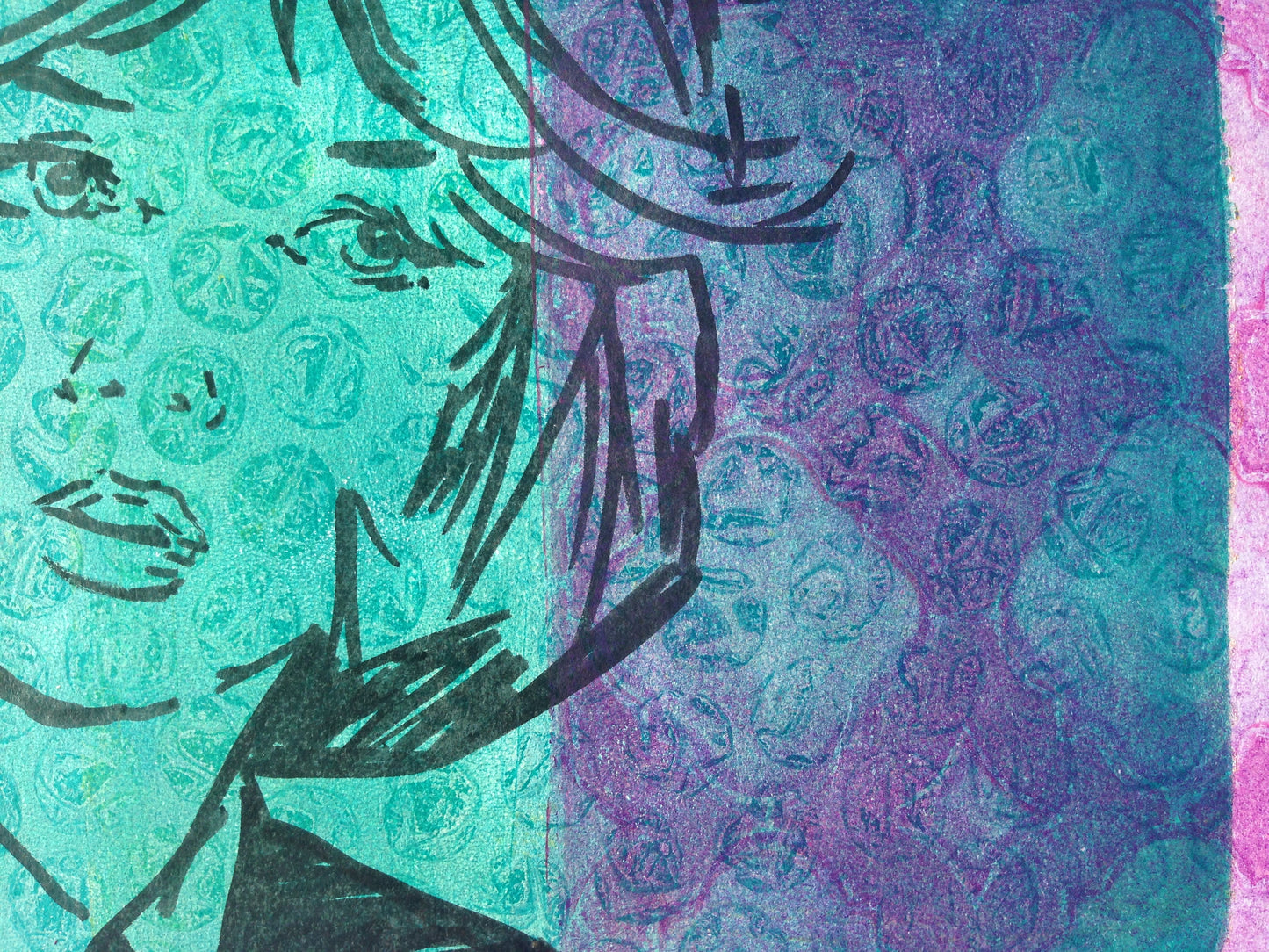 Turquoise and purple monoprint of a vintage inspired female character