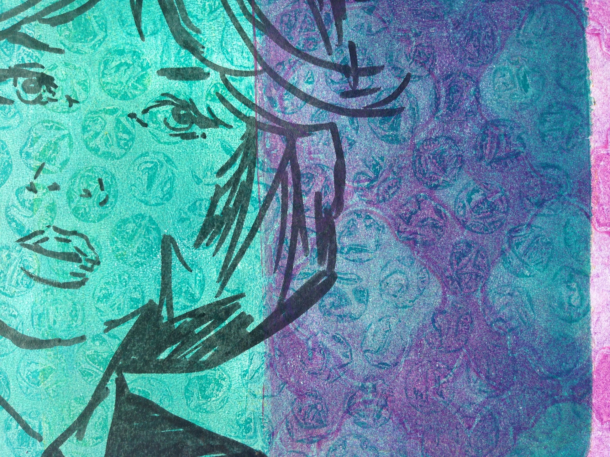 Turquoise and purple monoprint of a vintage inspired female character