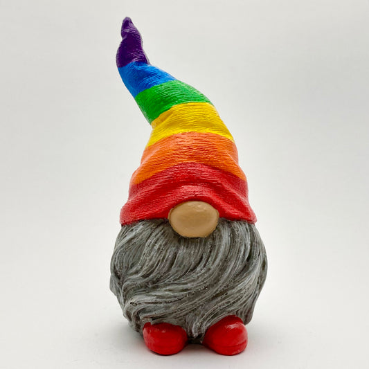 Hand Painted Gonk Statue with a Rainbow Striped Hat