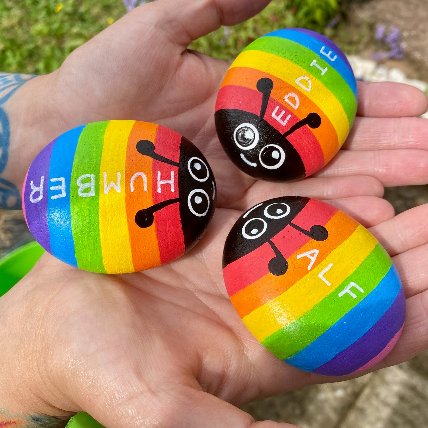 Hand painted Rainbow Bug Pebbles personalised with the names Alf, Eddie and Humber