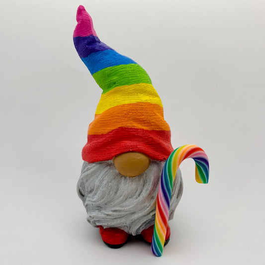 Hand Painted Gonk Statue with a Rainbow Striped Hat and Cane