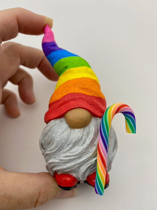 Hand Painted Gonk Statue with a Rainbow Striped Hat and Cane