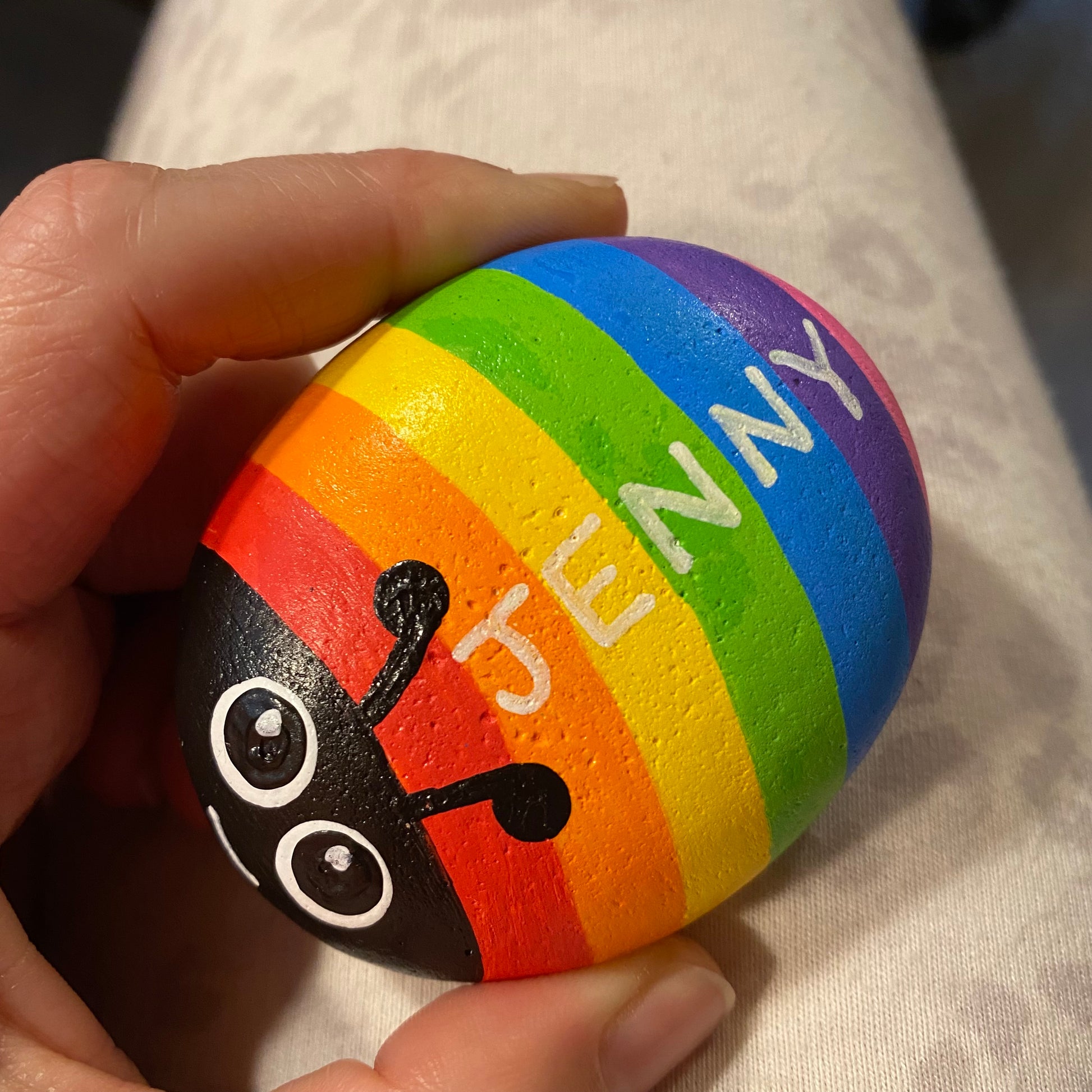 Hand painted Rainbow Bug Pebble personalised with the name Jenny