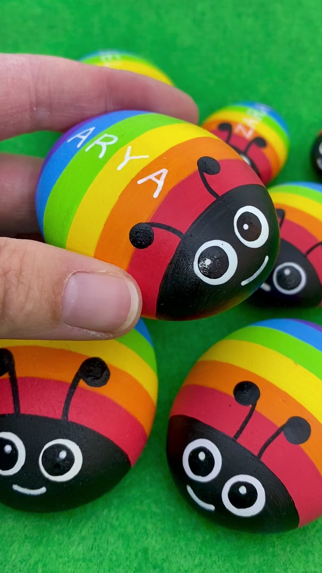 Video of Hand painted Rainbow Bug Pebble personalised with the name Arya