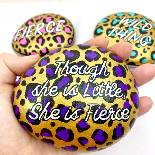 Hand painted Purple, Black and Gold Leopard Print Stone Paperweight with the words Though She is Little She is Fierce written in White