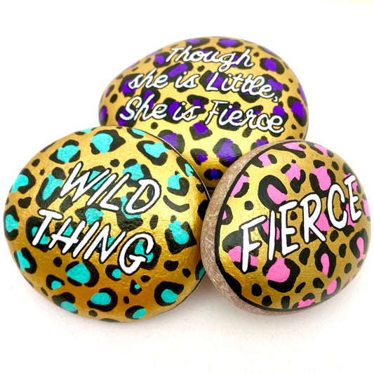 Hand painted Purple/Pink/Teal, Black and Gold Leopard Print Stone Paperweight with various words written in White