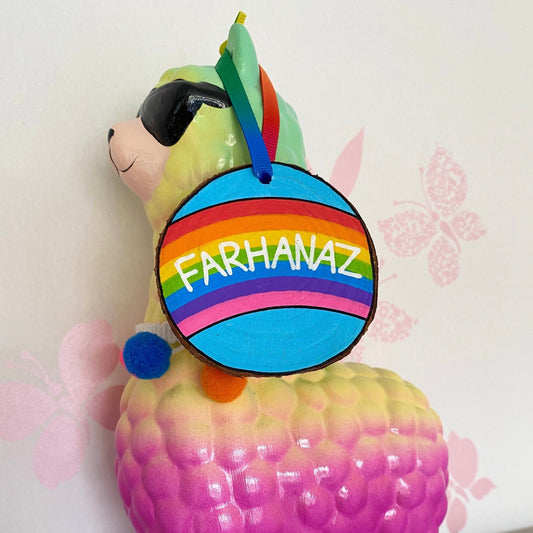 Hand painted hanging Wooden Slice with Rainbow and name Farhanaz