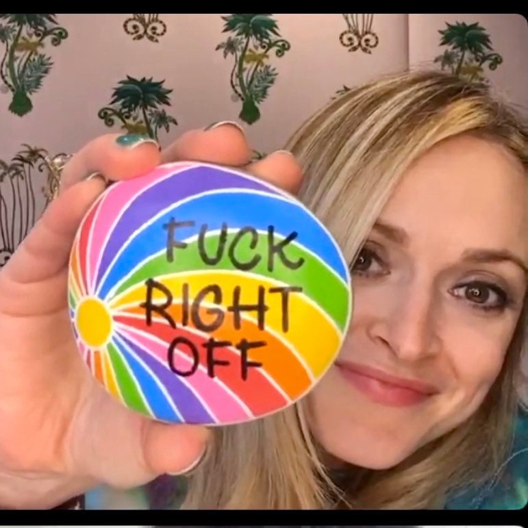 F Right Off Hand painted Rainbow Stone Paperweight held by Fearne Cotton