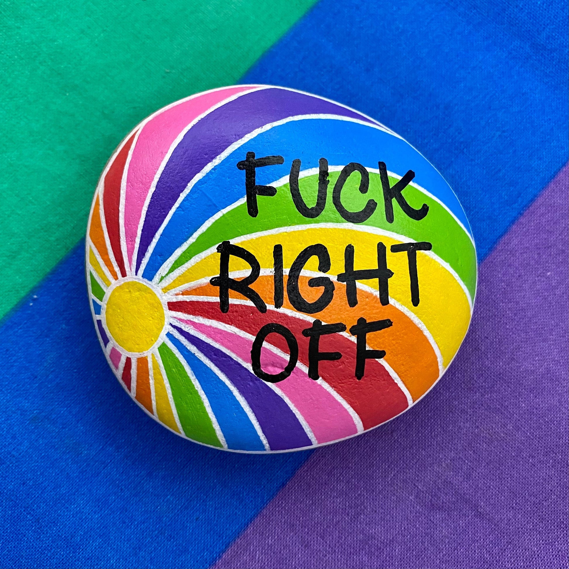 F Right Off Hand painted Rainbow Stone Paperweight