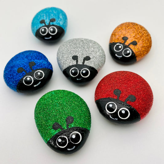 Hand painted Glitter Bug Pebbles in Red, Green, Blue, Dark Blue, Silver and Gold