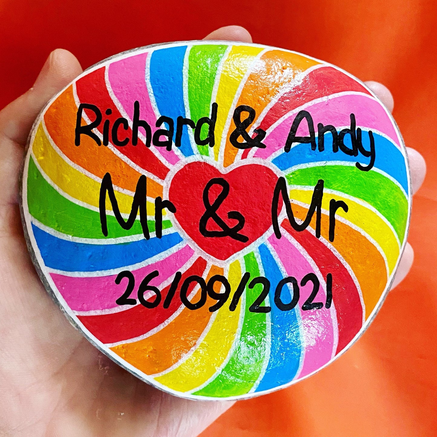 Mr and Mr Personalised Wedding Hand painted Rainbow Stone Paperweight
