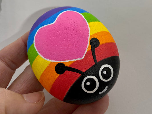 Hand painted Rainbow Bug with Heart Pebble