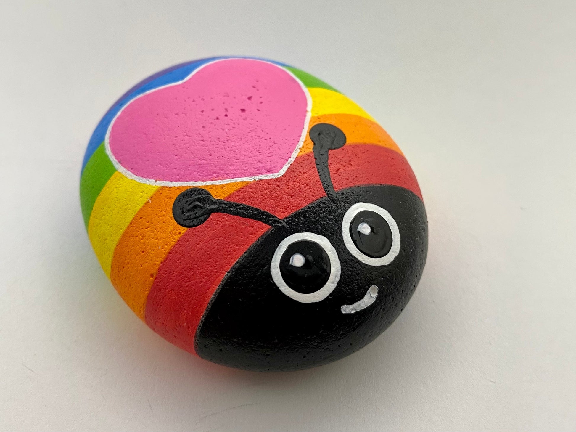 Hand painted Rainbow Bug with Heart Pebble