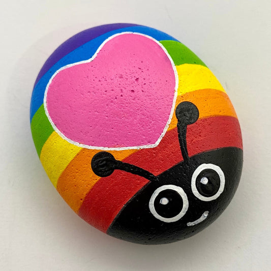 Hand painted Rainbow Bug with Heart Pebble